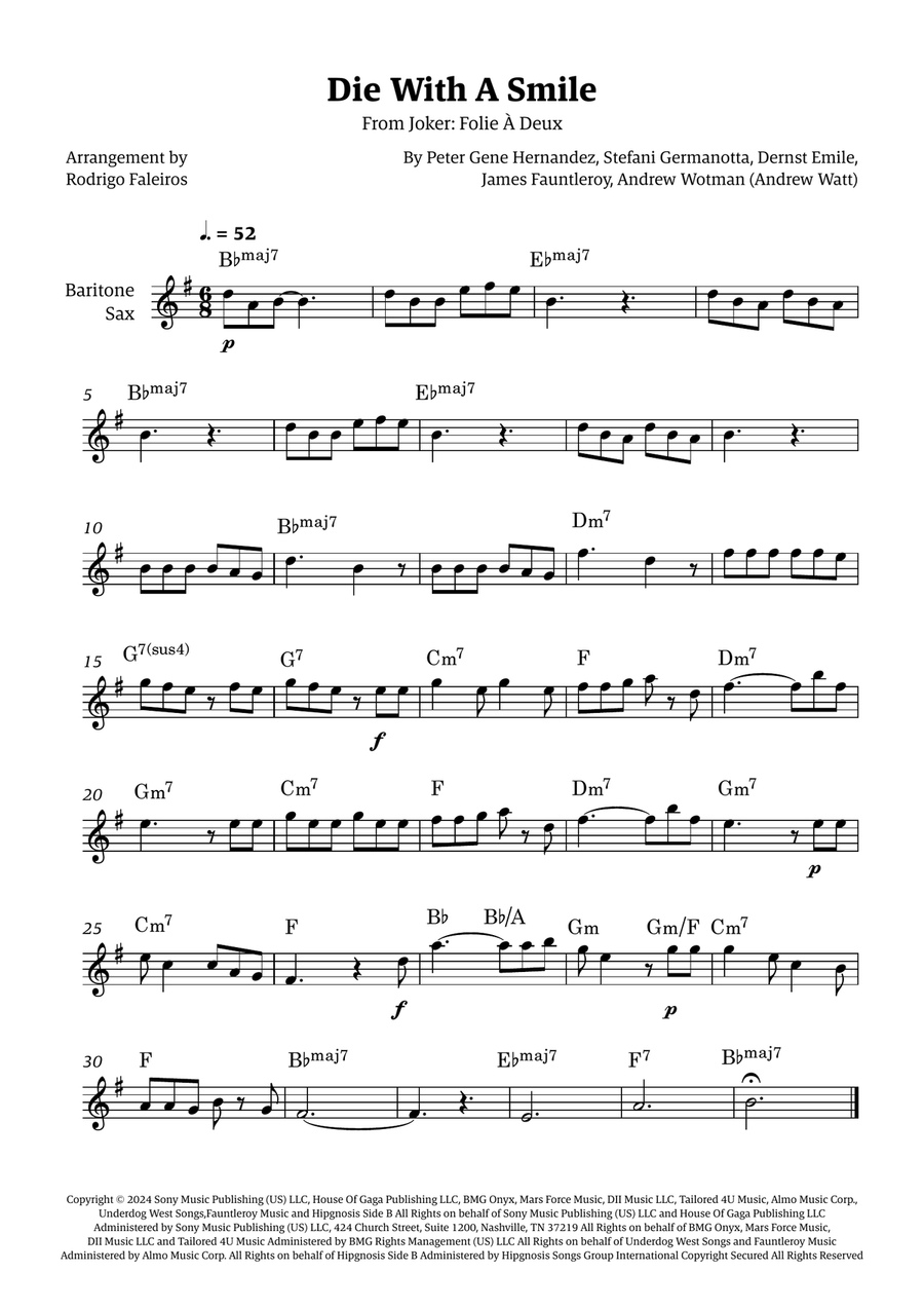 Die With A Smile Baritone Saxophone scores gallery preview page 1