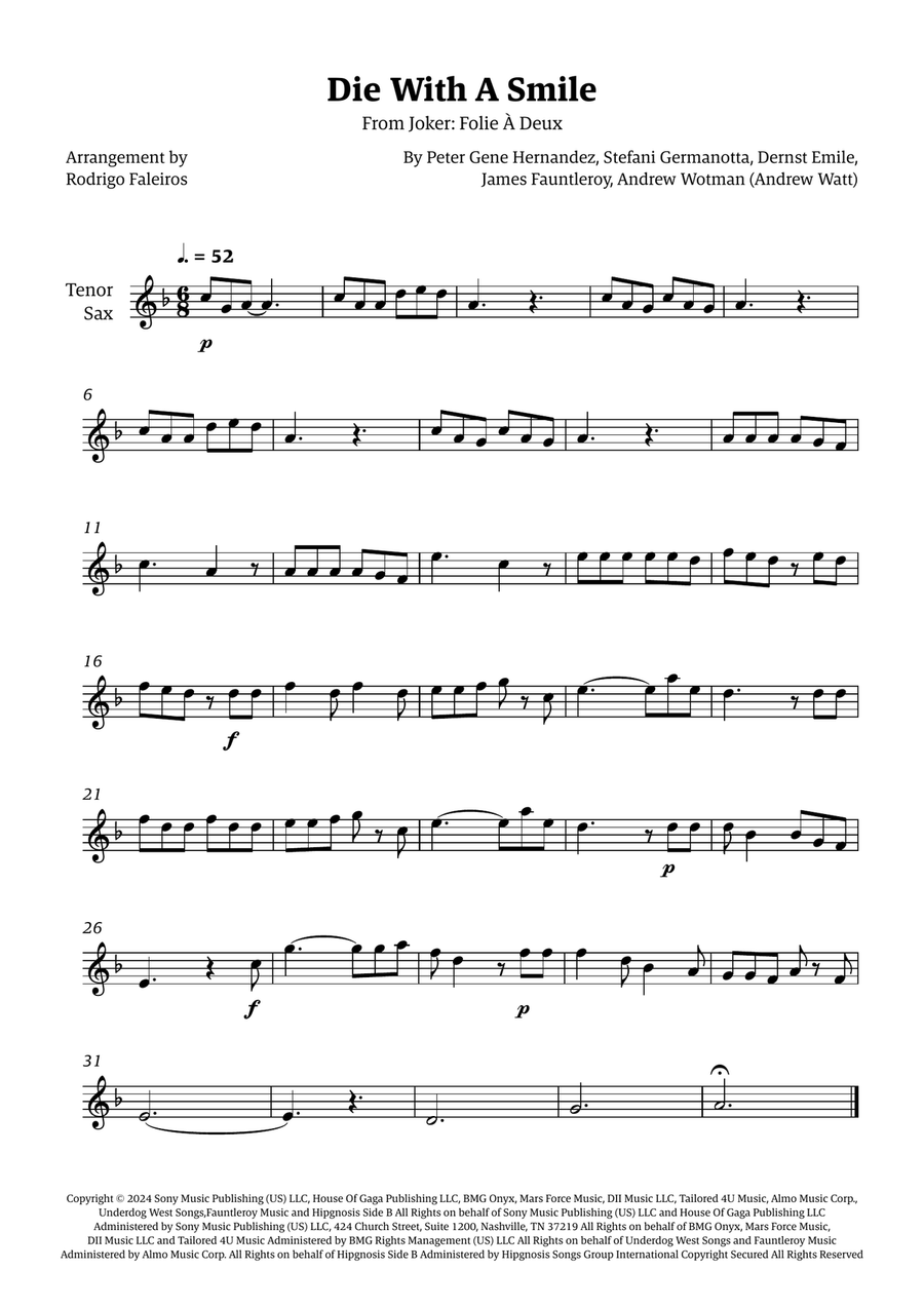 Die With A Smile Die With A Smile Tenor Saxophone scores gallery preview page 1