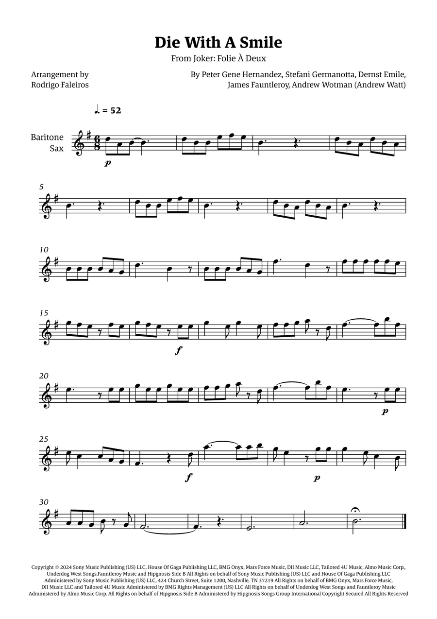 Die With A Smile Die With A Smile Baritone Saxophone scores gallery preview page 1