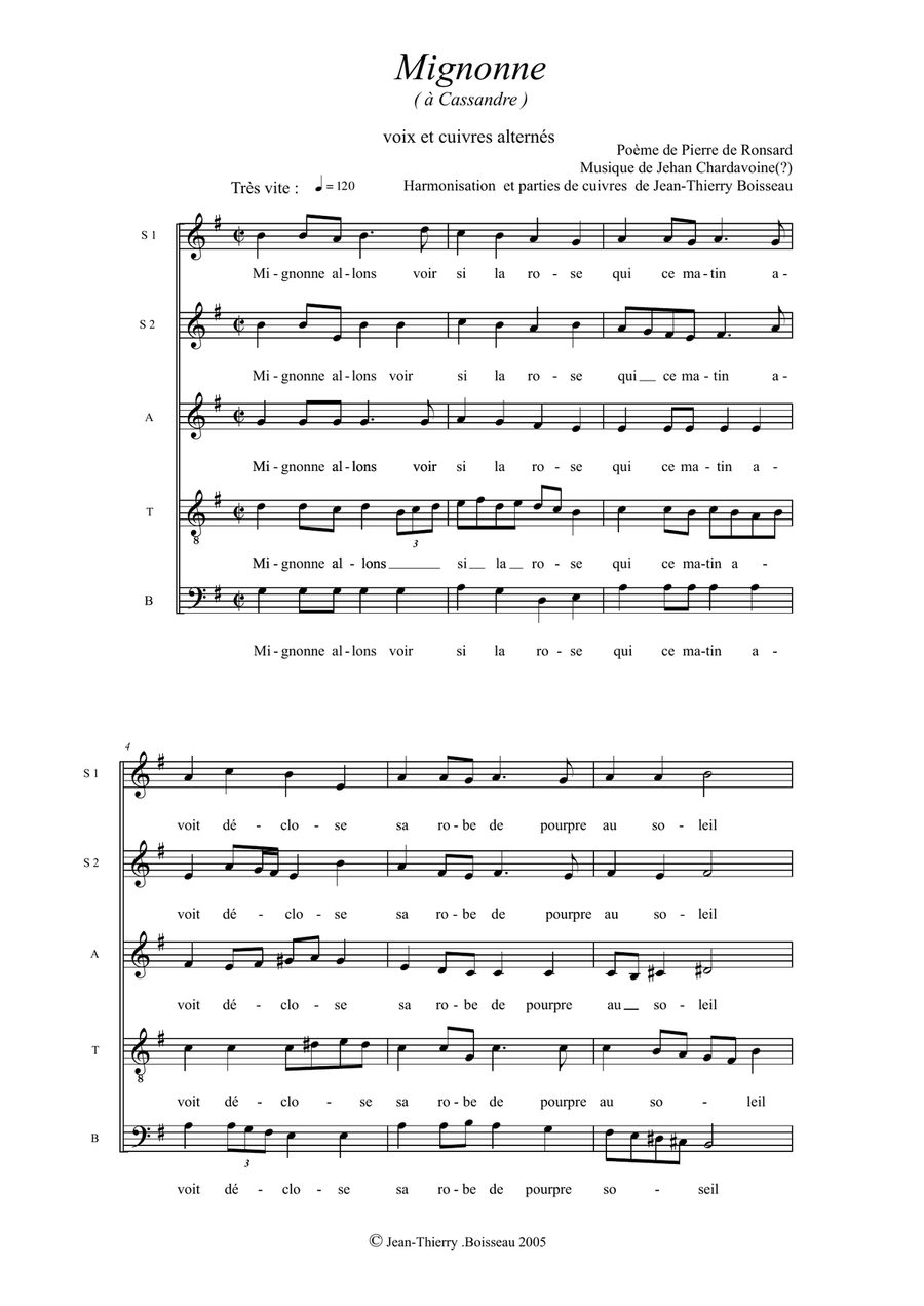 Mignonne, allons voir, version for chorus and alternating brass quintet, chorus part Divisi scores gallery preview page 2
