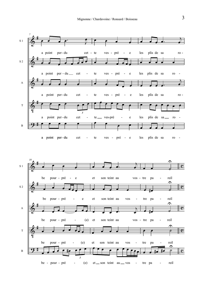 Mignonne, allons voir, version for chorus and alternating brass quintet, chorus part Divisi scores gallery preview page 3