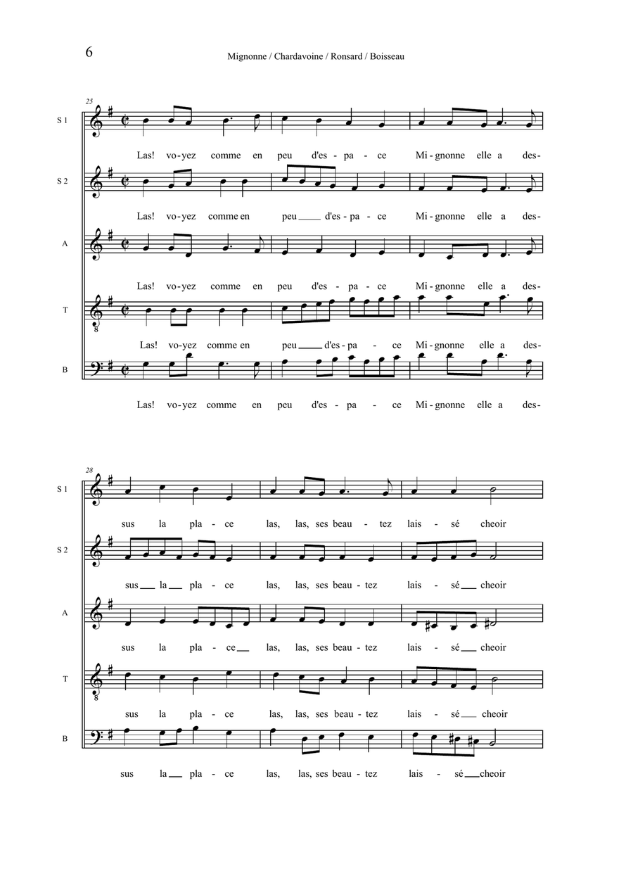 Mignonne, allons voir, version for chorus and alternating brass quintet, chorus part Divisi scores gallery preview page 6