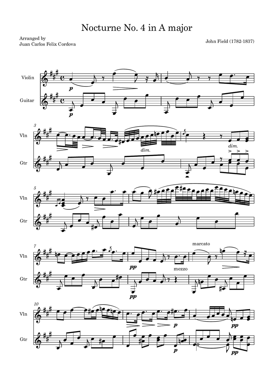 Nocturne No. 4 in A major for Violin and Guitar String Duet scores gallery preview page 1