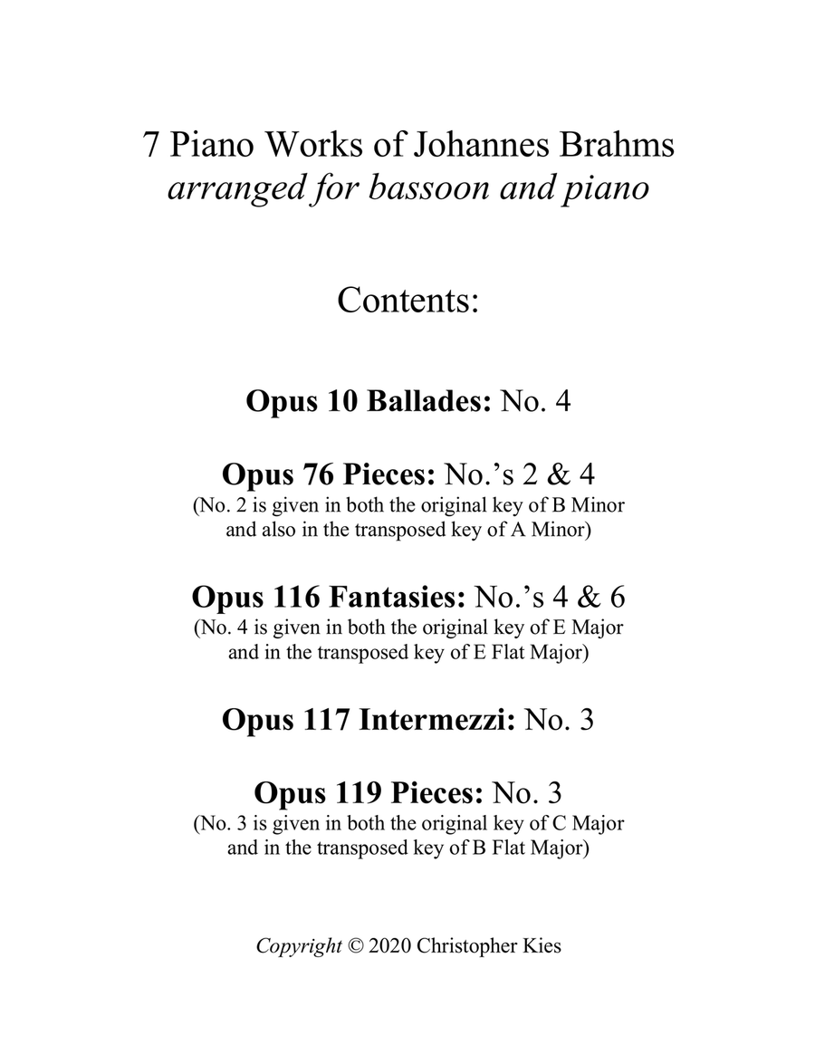 Seven Piano Pieces of Johannes Brahms arranged for bassoon and piano Chamber Music scores gallery preview page 2