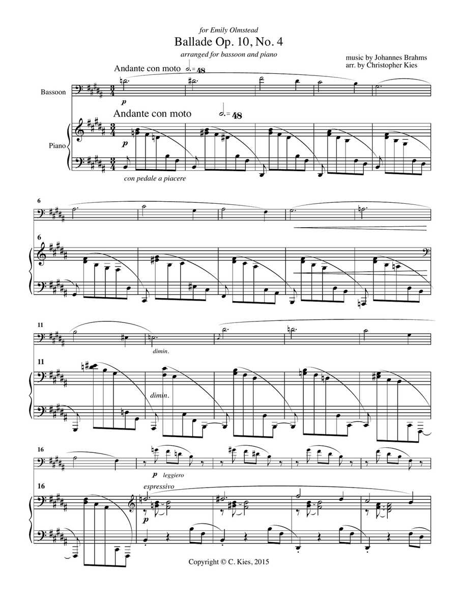 Seven Piano Pieces of Johannes Brahms arranged for bassoon and piano Chamber Music scores gallery preview page 3