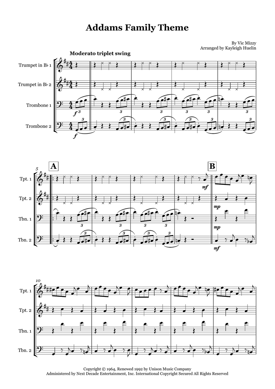 Addams Family Theme Addams Family Theme Brass Quartet scores gallery preview page 1