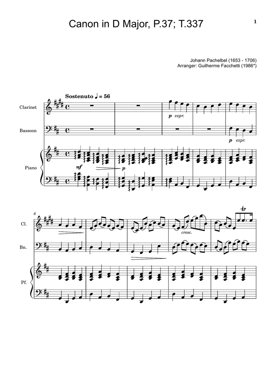 Canon in D Major, P.37; T.337. Clarinet, Bassoon and Piano. Score and Parts Woodwind Duet scores gallery preview page 1