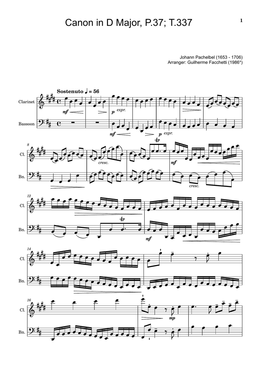 Canon in D Major, P.37; T.337. Arranged for Clarinet and Bassoon. Woodwind Duet scores gallery preview page 1