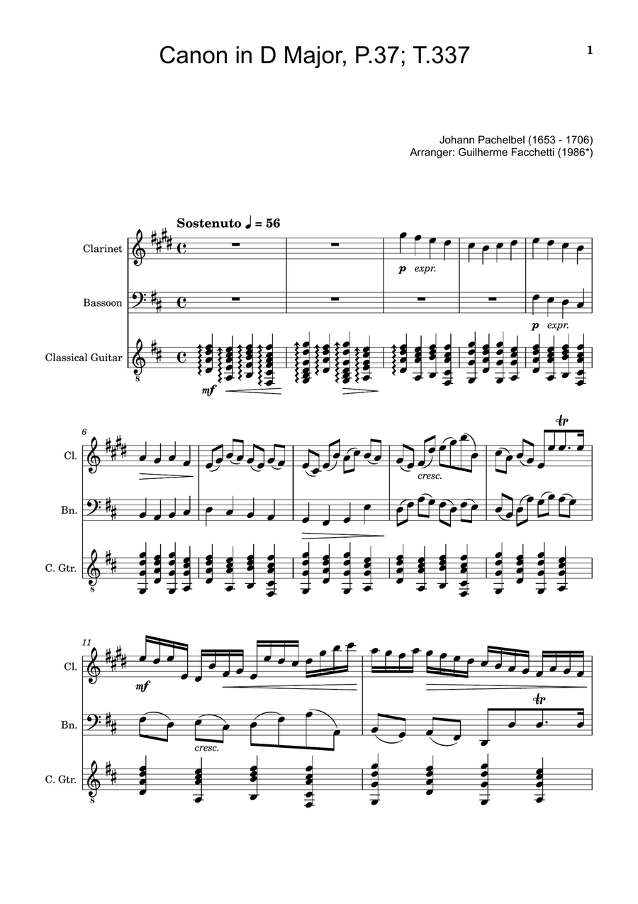 Canon in D Major, P.37; T.337. Clarinet, Bassoon and Guitar. Score and Parts Chamber Music scores gallery preview page 1