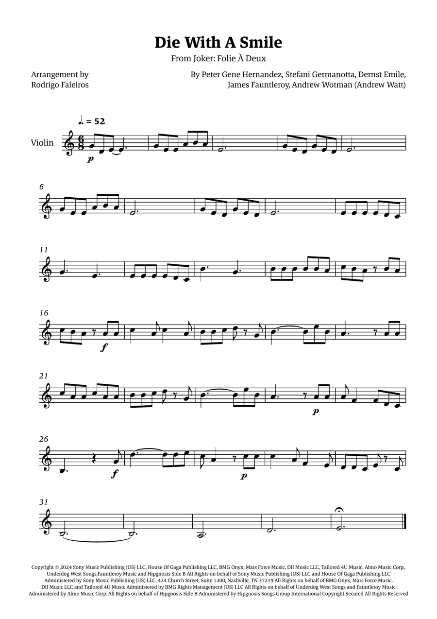 Die With A Smile Die With A Smile Violin Solo scores gallery preview page 1