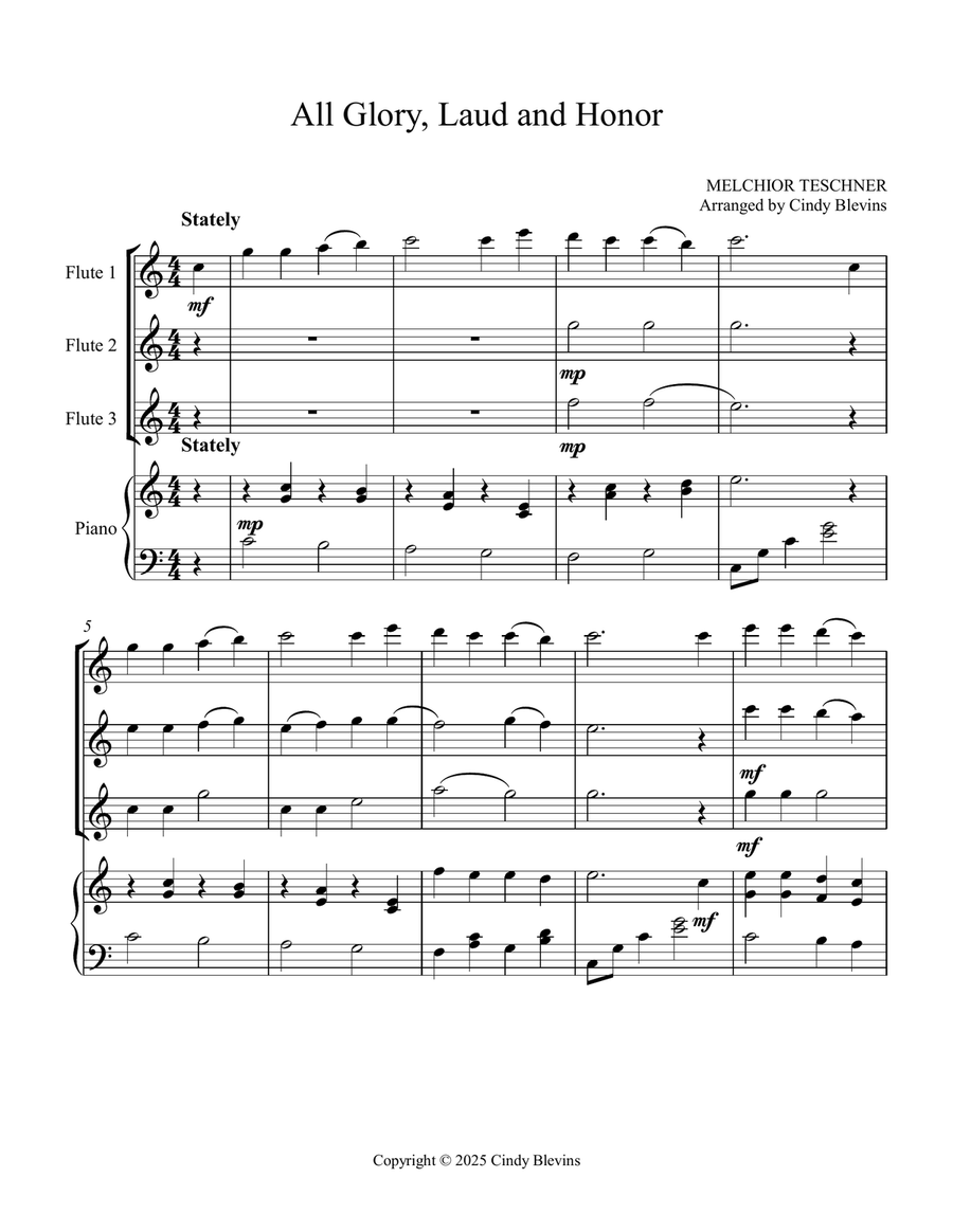 All Glory, Laud and Honor, for Three Flutes and Piano Small Ensemble scores gallery preview page 2