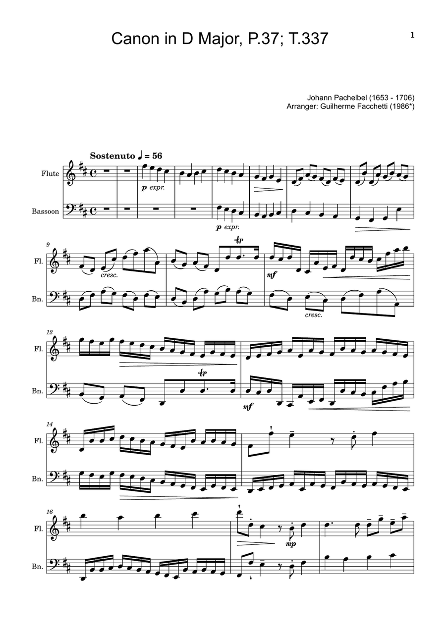 Canon in D Major, P.37; T.337. Arranged for Flute and Bassoon. Woodwind Duet scores gallery preview page 1