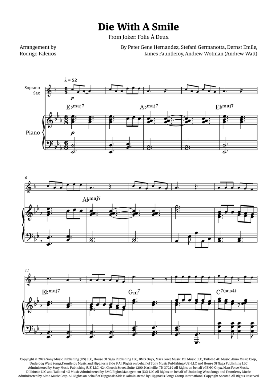 Die With A Smile Soprano Saxophone scores gallery preview page 1
