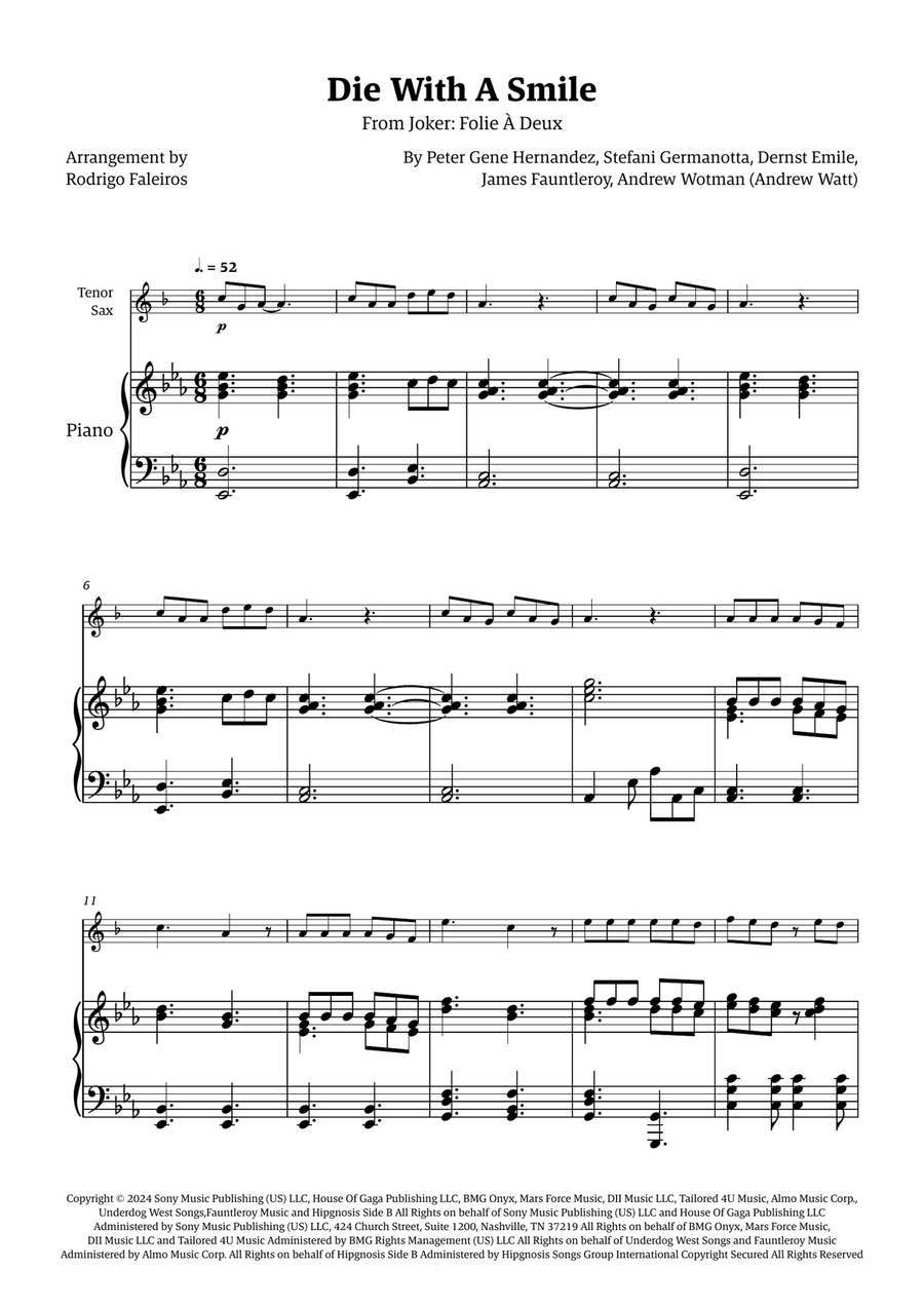 Die With A Smile Die With A Smile Tenor Saxophone scores gallery preview page 1