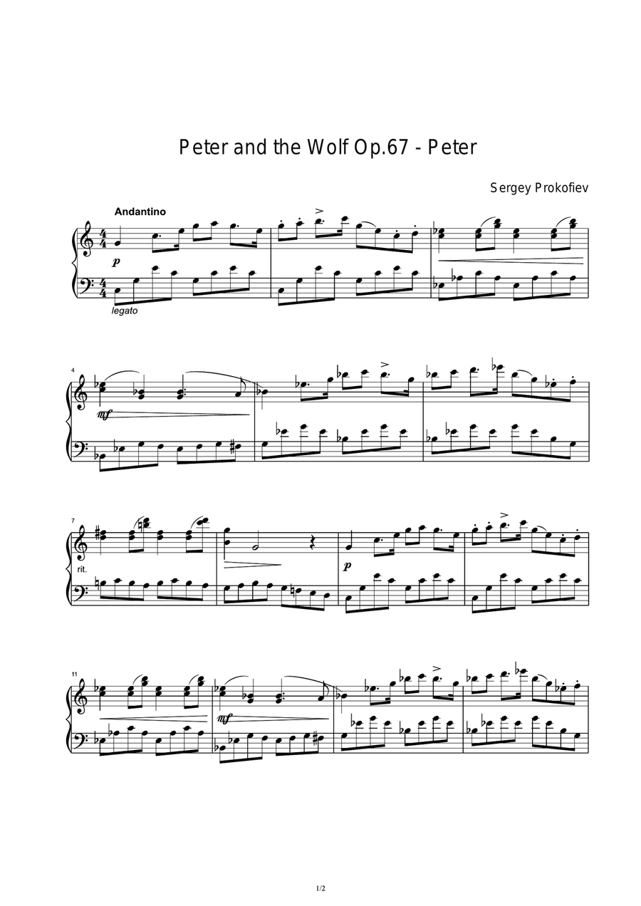 Peter and the Wolf Op.67 - Peter -- Sergey Prokofiev Piano Solo scores gallery preview page 1