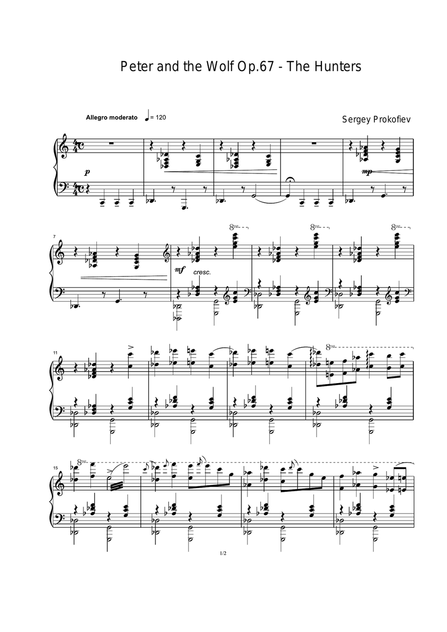 Peter and the Wolf Op.67 - The Hunters -Sergey Prokofiev Piano Solo scores gallery preview page 1