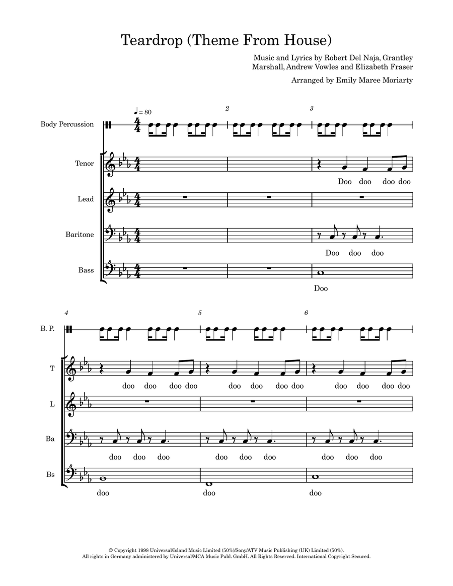 Teardrop (Theme From House) SSAA scores gallery preview page 1