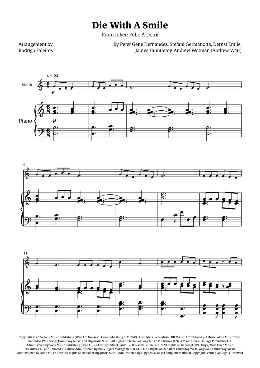 Die With A Smile Violin Solo scores gallery preview page 1
