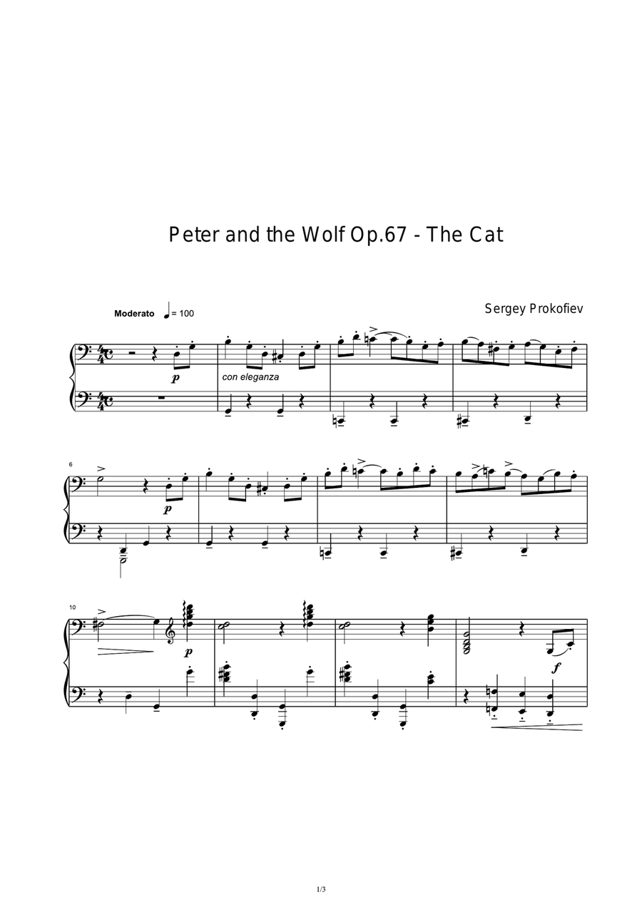 Peter and the Wolf Op.67 - The Cat - Sergey Prokofiev Piano Solo scores gallery preview page 1