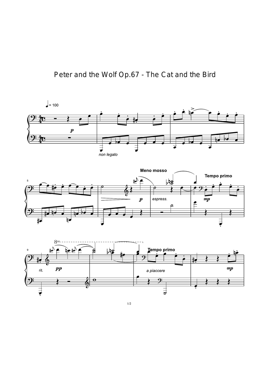 Peter and the Wolf Op.67 - The Cat and the Bird - Sergey Prokofiev Piano Solo scores gallery preview page 1