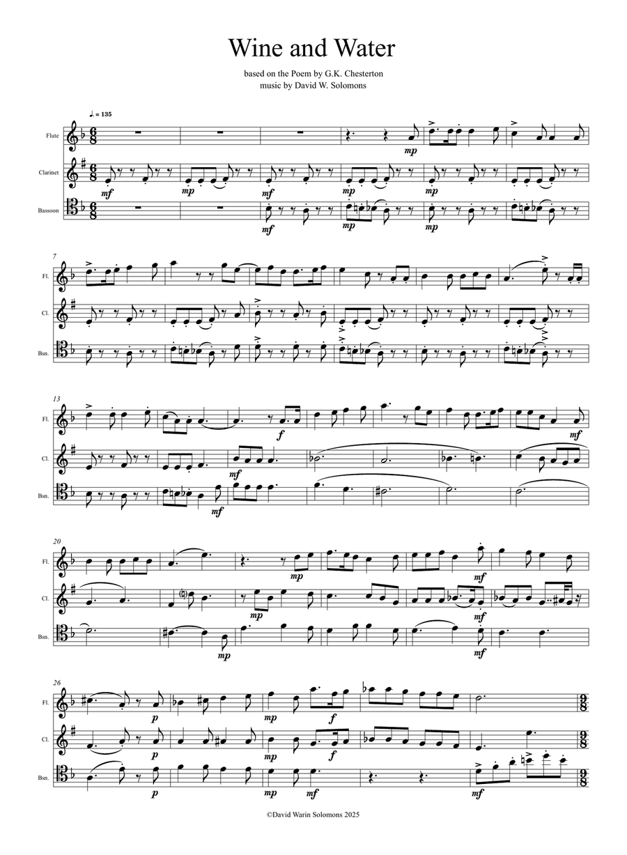 Wine and Water (Old Noah he had an Ostrich Farm) for wind trio (flute, clarinet, bassoon) Woodwind Trio scores gallery preview page 1