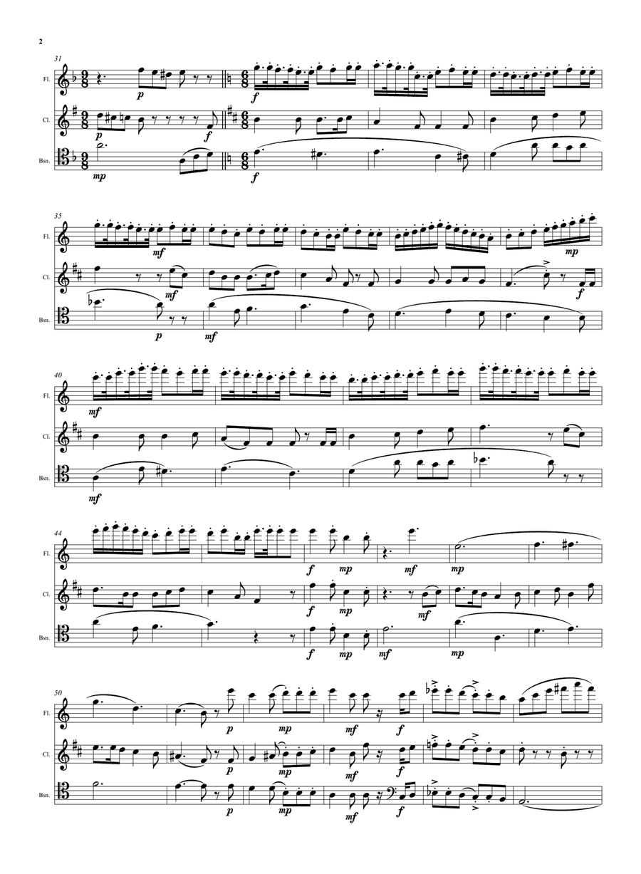 Wine and Water (Old Noah he had an Ostrich Farm) for wind trio (flute, clarinet, bassoon) Woodwind Trio scores gallery preview page 2