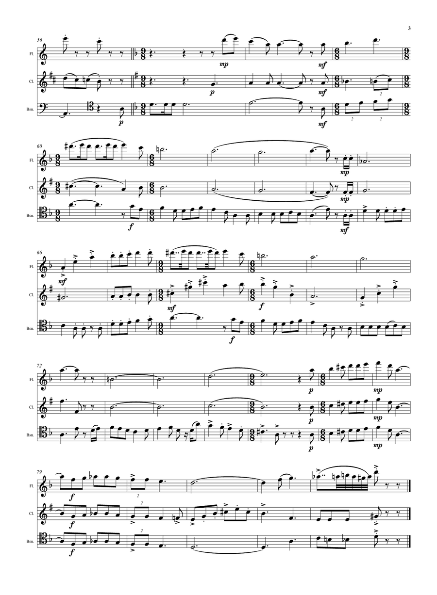 Wine and Water (Old Noah he had an Ostrich Farm) for wind trio (flute, clarinet, bassoon) Woodwind Trio scores gallery preview page 3