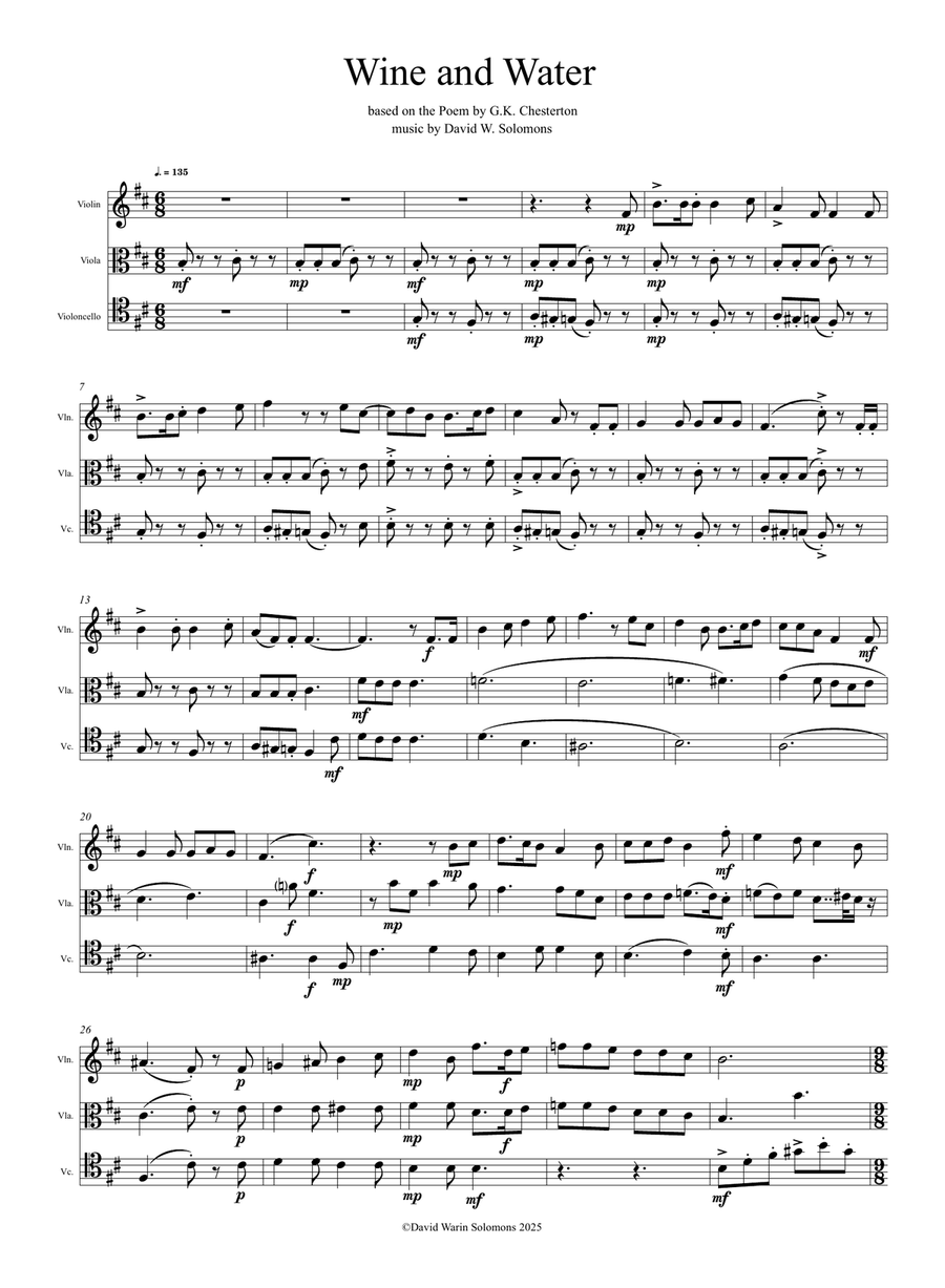 Wine and Water (Old Noah he had an Ostrich Farm) for string trio String Trio scores gallery preview page 1