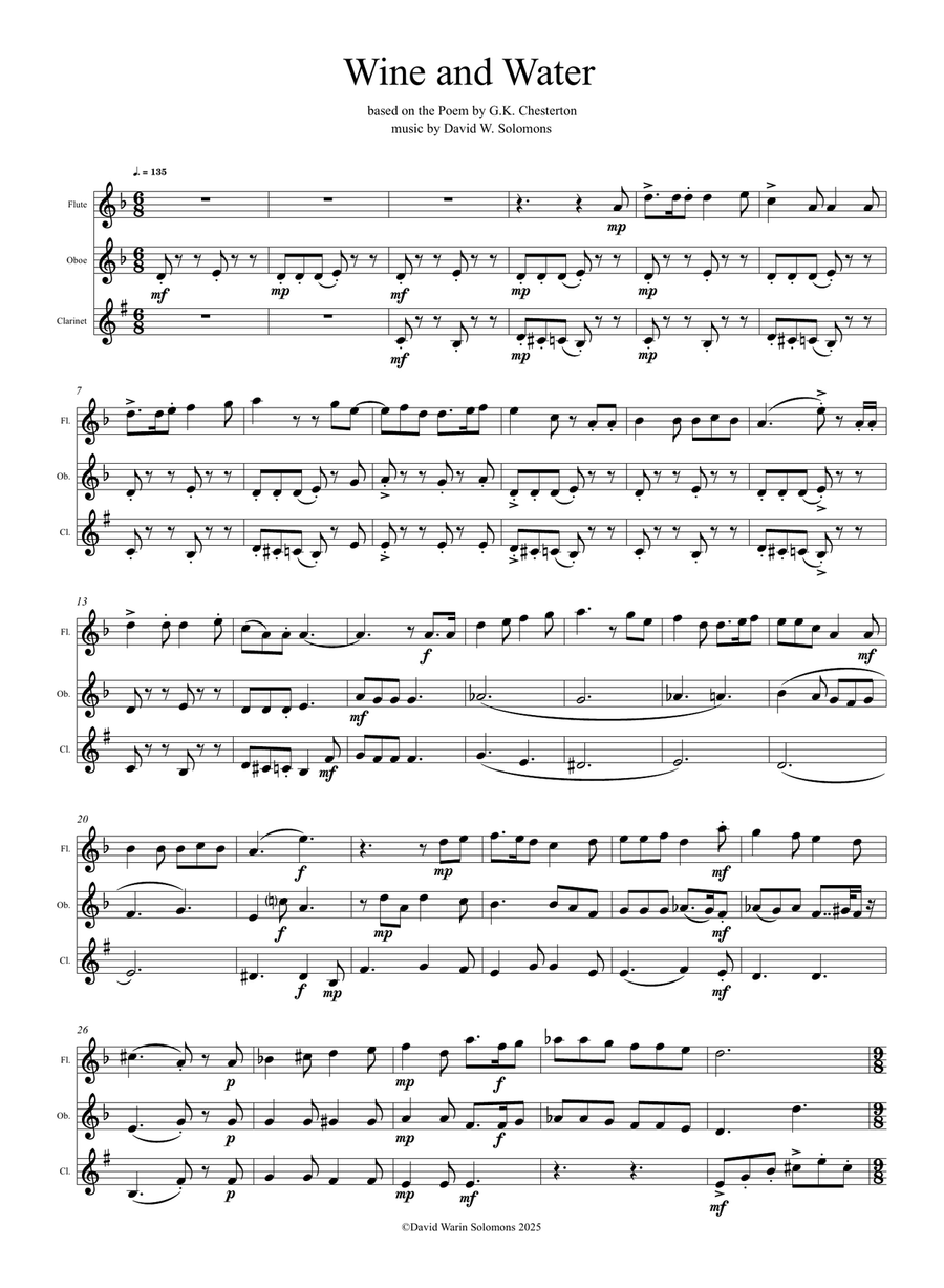 Wine and Water (Old Noah he had an Ostrich Farm) for wind trio (flute, oboe, clarinet) Woodwind Trio scores gallery preview page 1