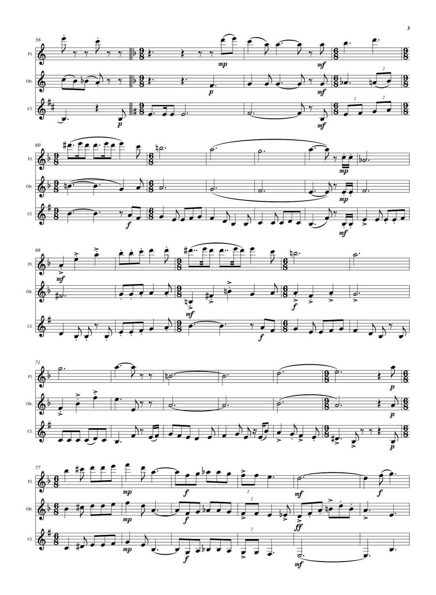 Wine and Water (Old Noah he had an Ostrich Farm) for wind trio (flute, oboe, clarinet) Woodwind Trio scores gallery preview page 3