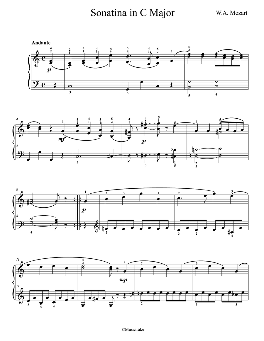 Mozart Sonatina in Major Easy Piano scores gallery preview page 1