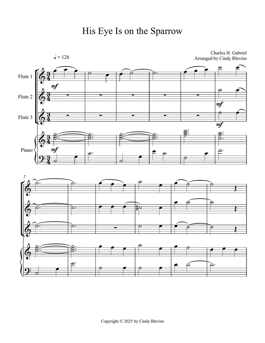 His Eye Is On the Sparrow, for Three Flutes and Piano Small Ensemble scores gallery preview page 2
