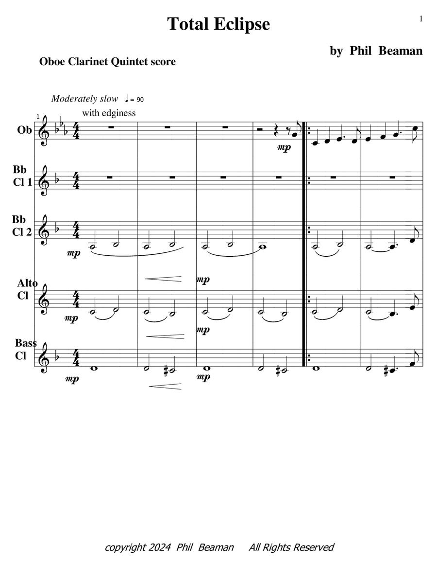 Total Eclipse - oboe 4 clar quintet Woodwind Quintet scores gallery preview page 1