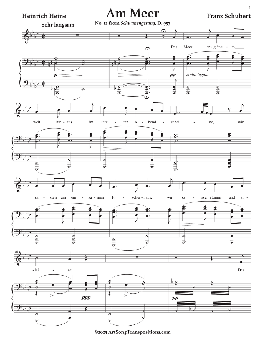 SCHUBERT: Am Meer, D. 957 no. 12 (transposed to A-flat major) Piano, Vocal scores gallery preview page 2