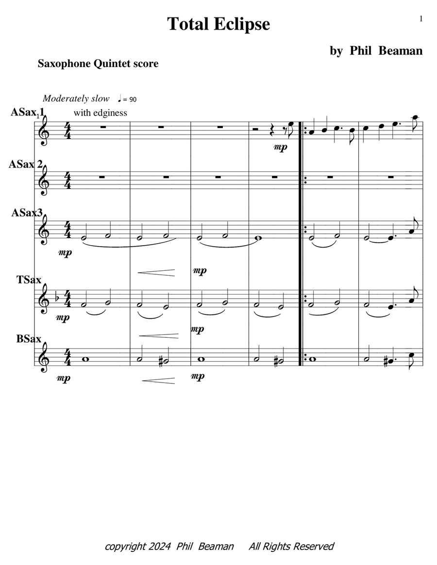 Total Eclipse - saxophone quintet Saxophone Quintet scores gallery preview page 1