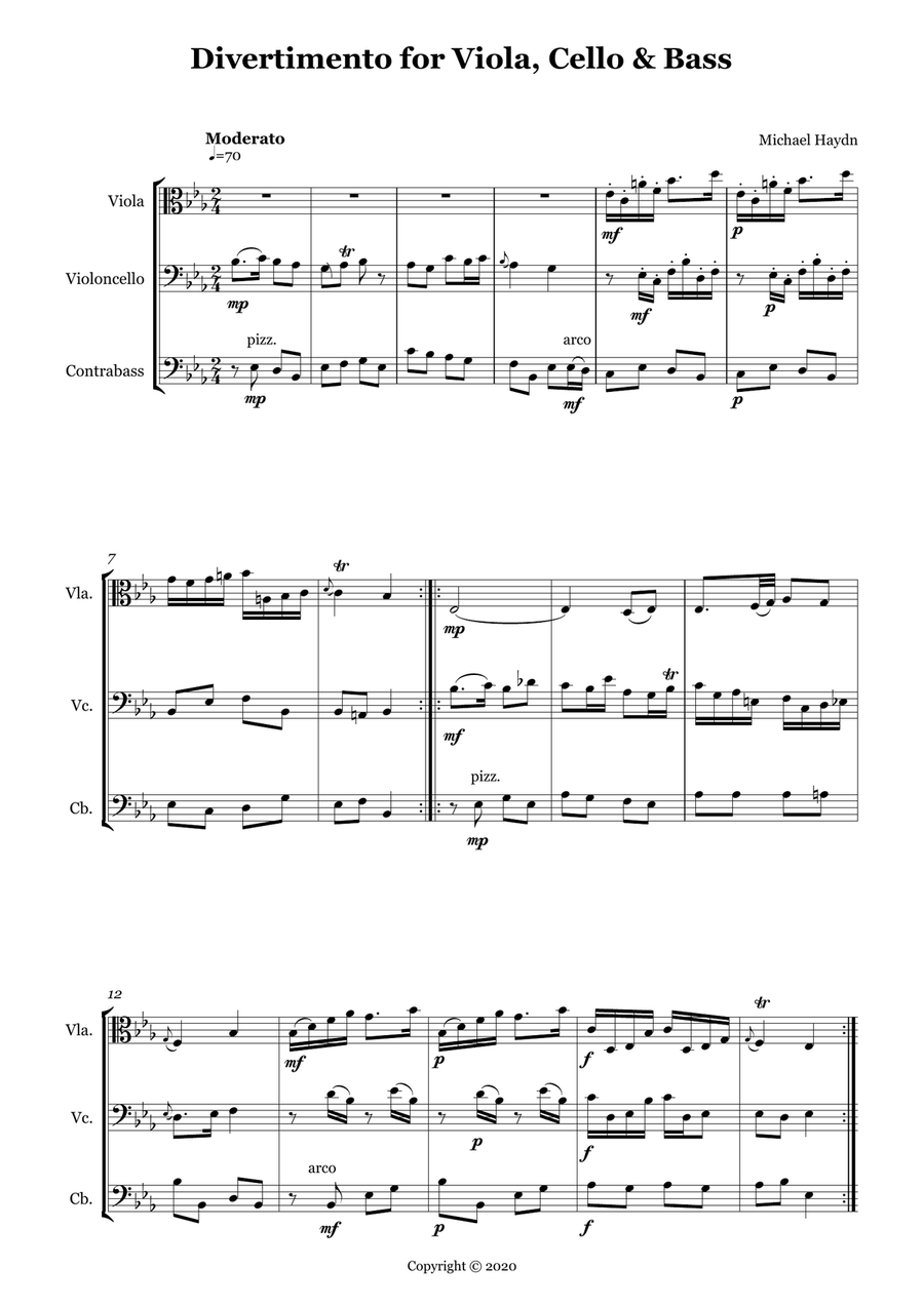 Divertimento in Eb for Viola, Cello & Bass String Trio scores gallery preview page 2