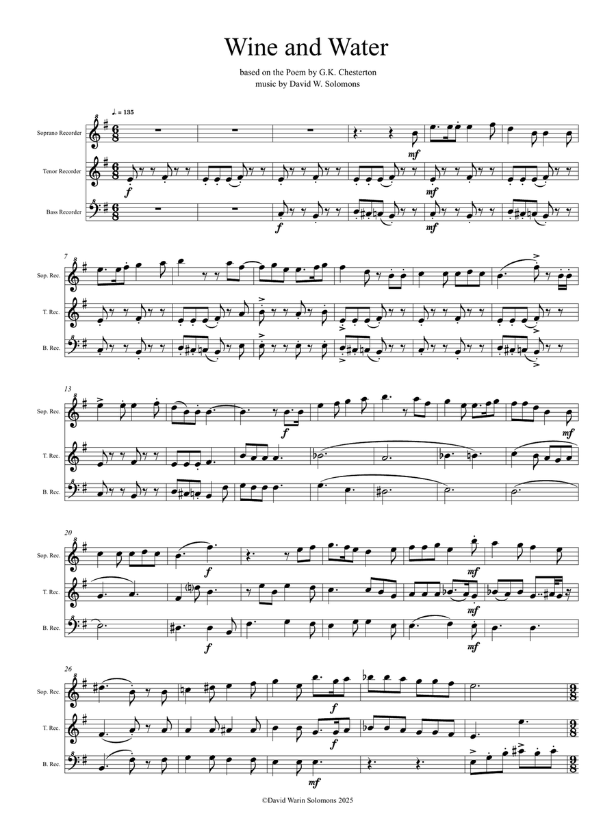 Wine and Water (Old Noah he had an Ostrich Farm) for soprano, tenor and bass recorders Soprano Recorder scores gallery preview page 1