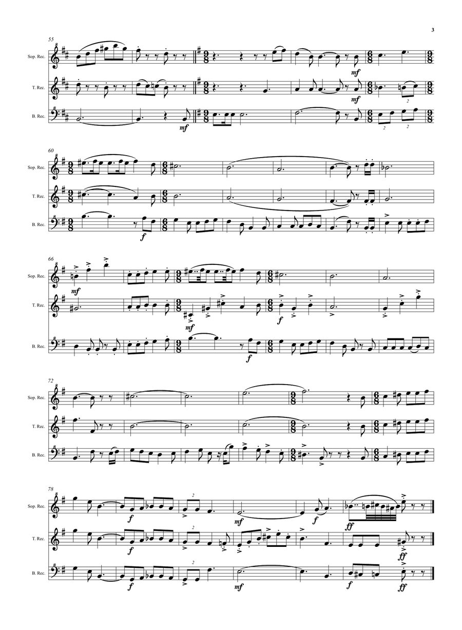 Wine and Water (Old Noah he had an Ostrich Farm) for soprano, tenor and bass recorders Soprano Recorder scores gallery preview page 3