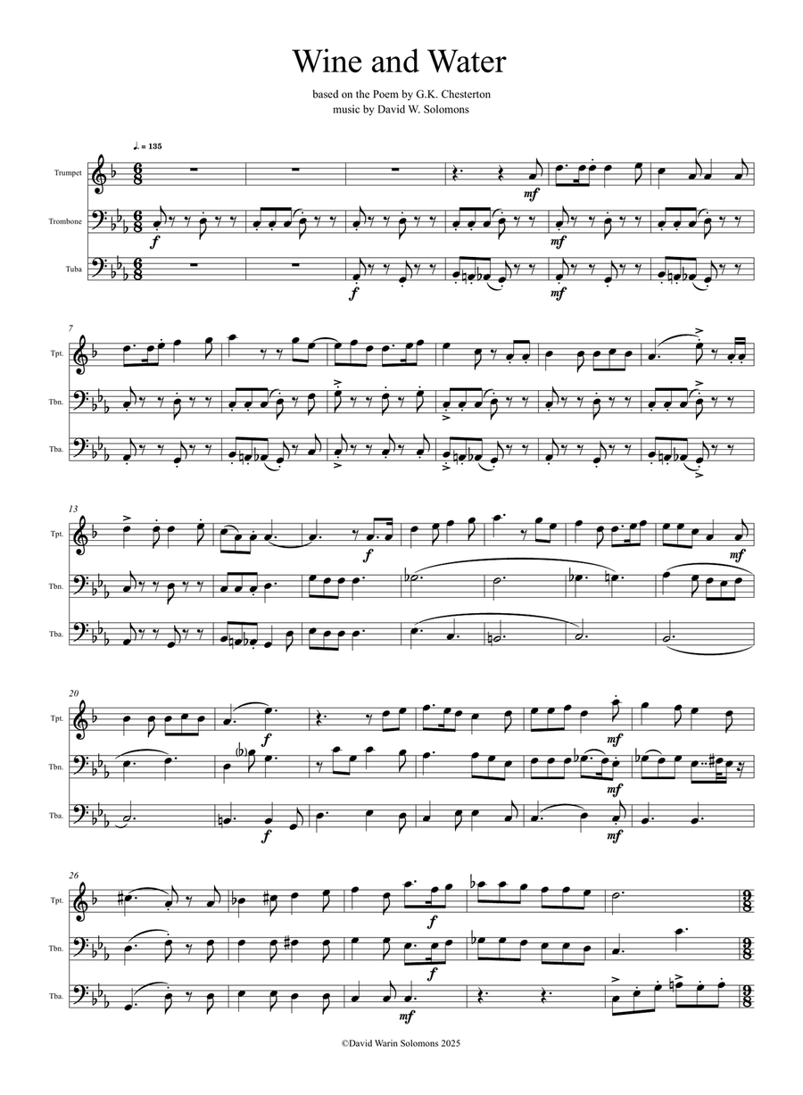 Wine and Water (Old Noah he had an Ostrich Farm) for trumpet, trombone and tuba Brass Trio scores gallery preview page 1