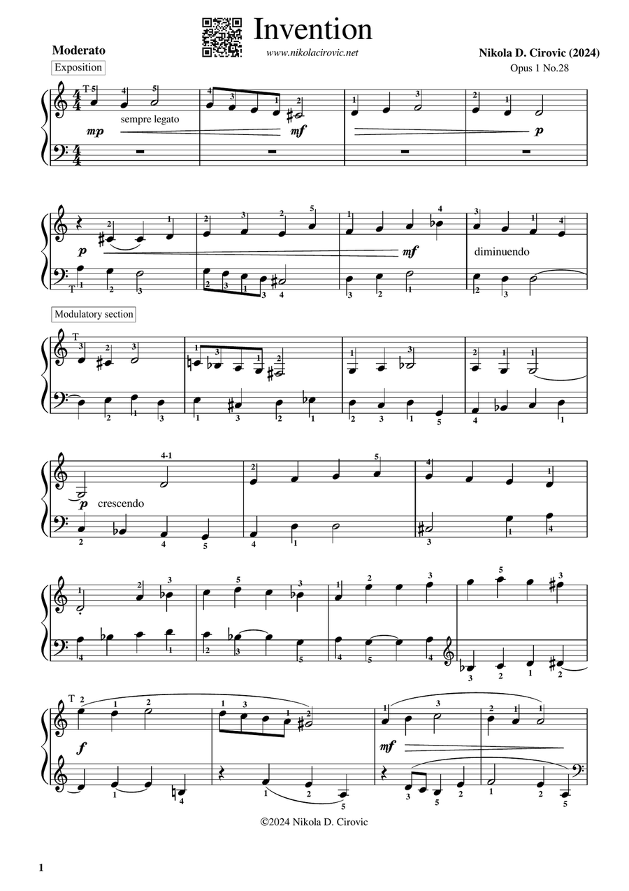 Invention in D Minor Op.1 No.28 by N. D. Cirovic Piano Method scores gallery preview page 1