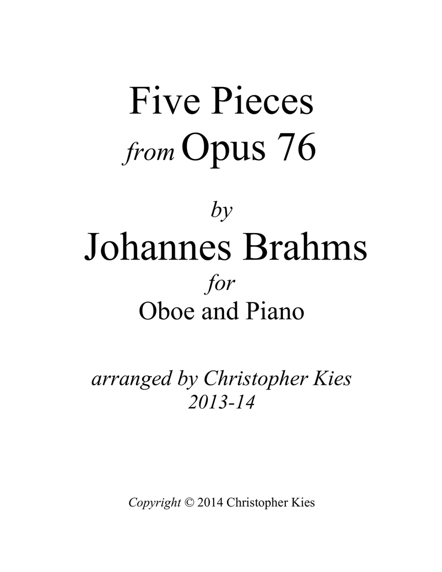 Five Pieces from Opus 76 by Brahms, arranged for oboe and piano Chamber Music scores gallery preview page 1