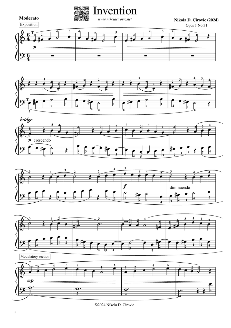 Invention in E Minor Op.1 No.31 by N. D. Cirovic Piano Method scores gallery preview page 1