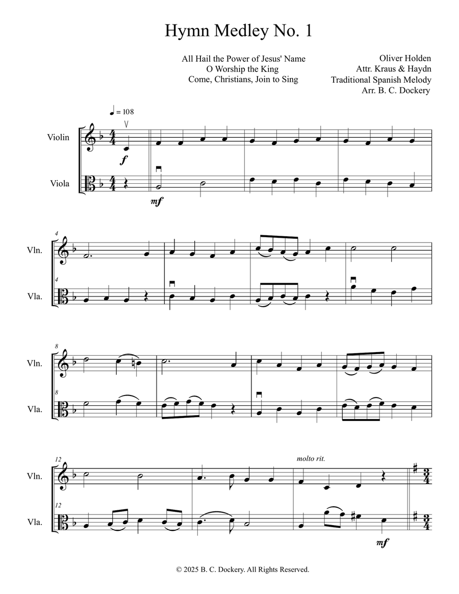Hymn Medley No. 1 (Violin and Viola Duet) String Duet scores gallery preview page 1
