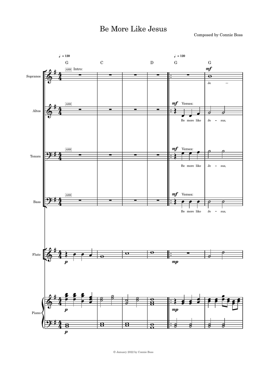 Be more Like Jesus SATB flute, violin or cello 4-Part scores gallery preview page 1