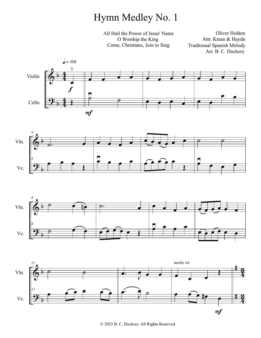 Hymn Medley No. 1 (Violin and Cello Duet) String Duet scores gallery preview page 1