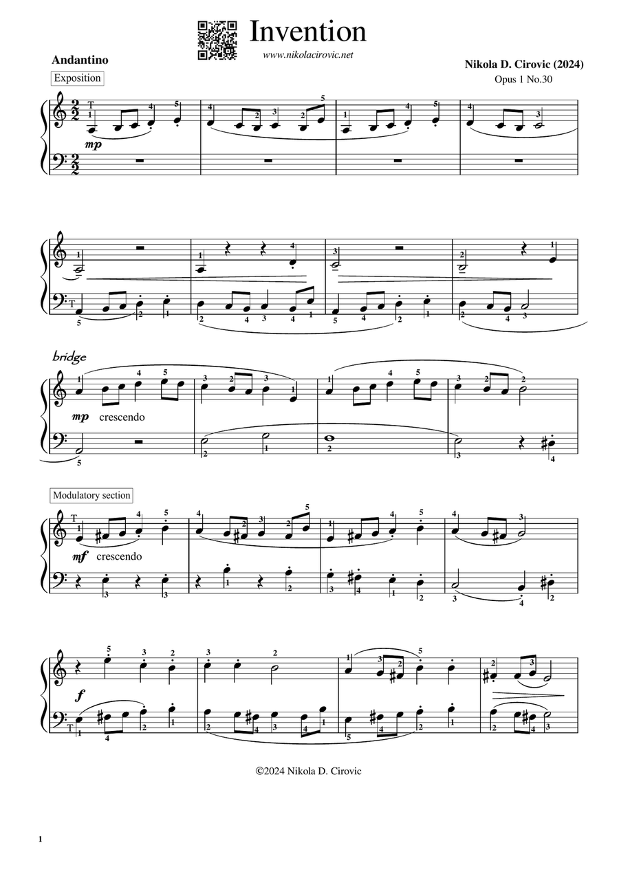 Invention in A Minor Op.1 No.30 by N. D. Cirovic Piano Method scores gallery preview page 1