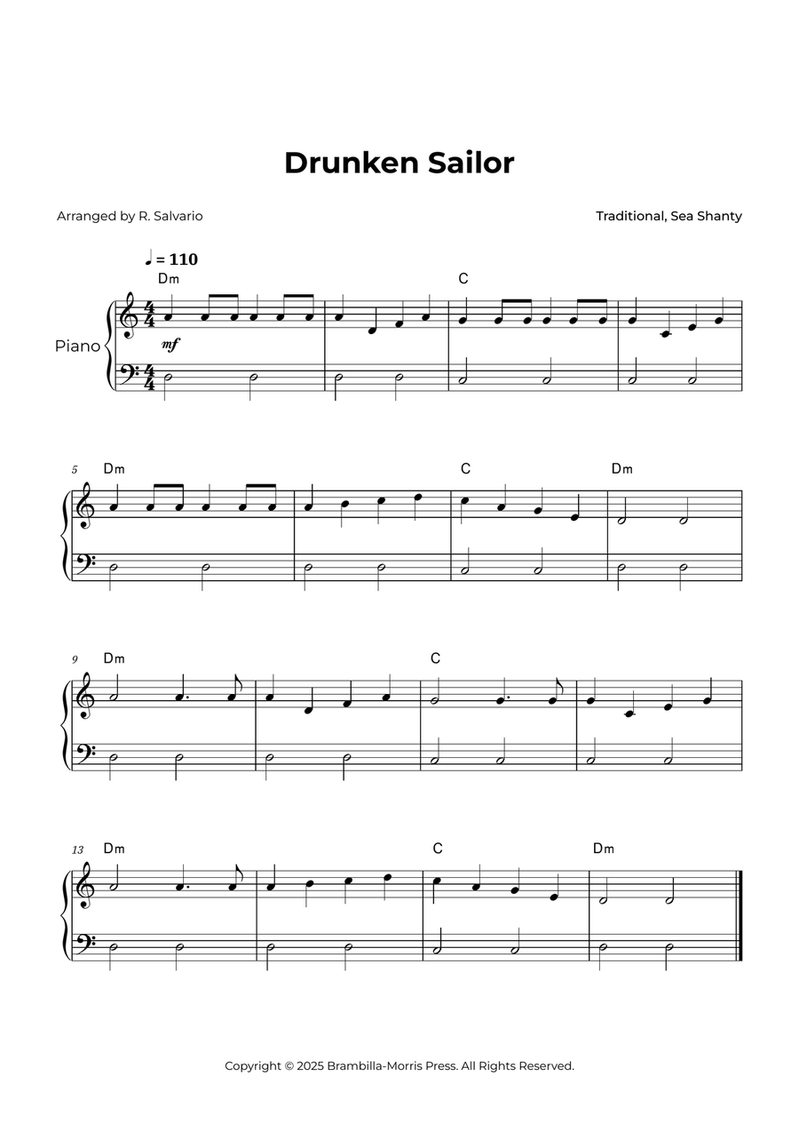 Drunken Sailor - Piano (Beginner) Easy Piano scores gallery preview page 1