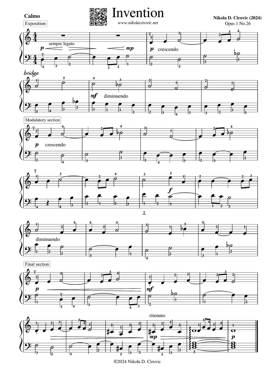 Invention in D Minor Op.1 No.26 by N. D. Cirovic Piano Method scores gallery preview page 1