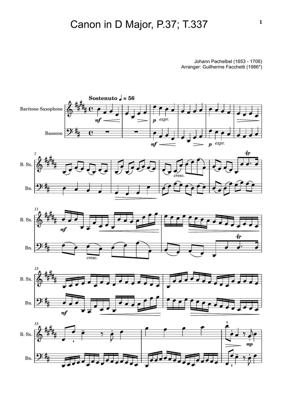 Canon in D Major, P.37; T.337. Arranged for Baritone Saxophone and Bassoon Woodwind Duet scores gallery preview page 1