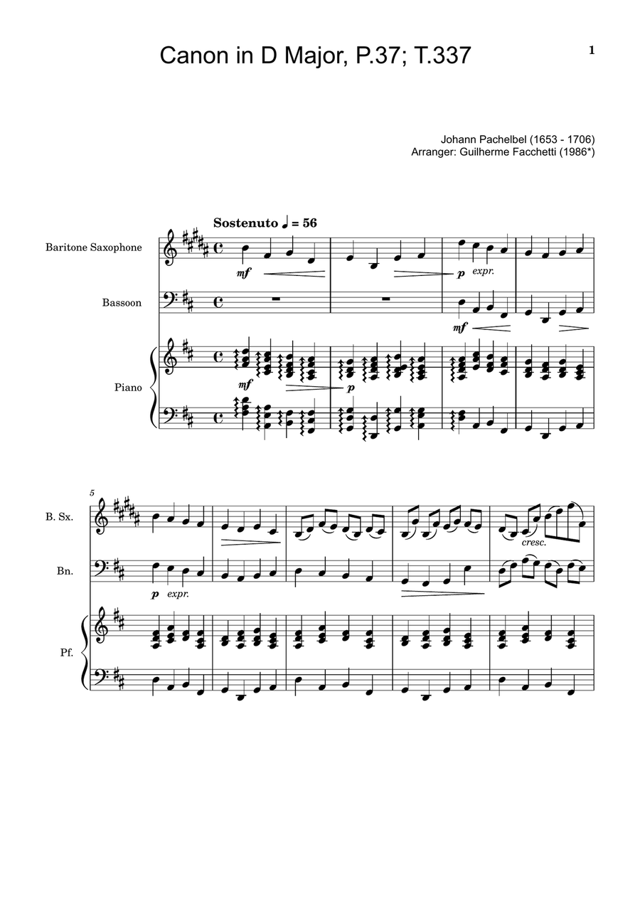 Canon in D Major, P.37; T.337. B. Sax, Bassoon and Piano. Score and Parts Woodwind Duet scores gallery preview page 1